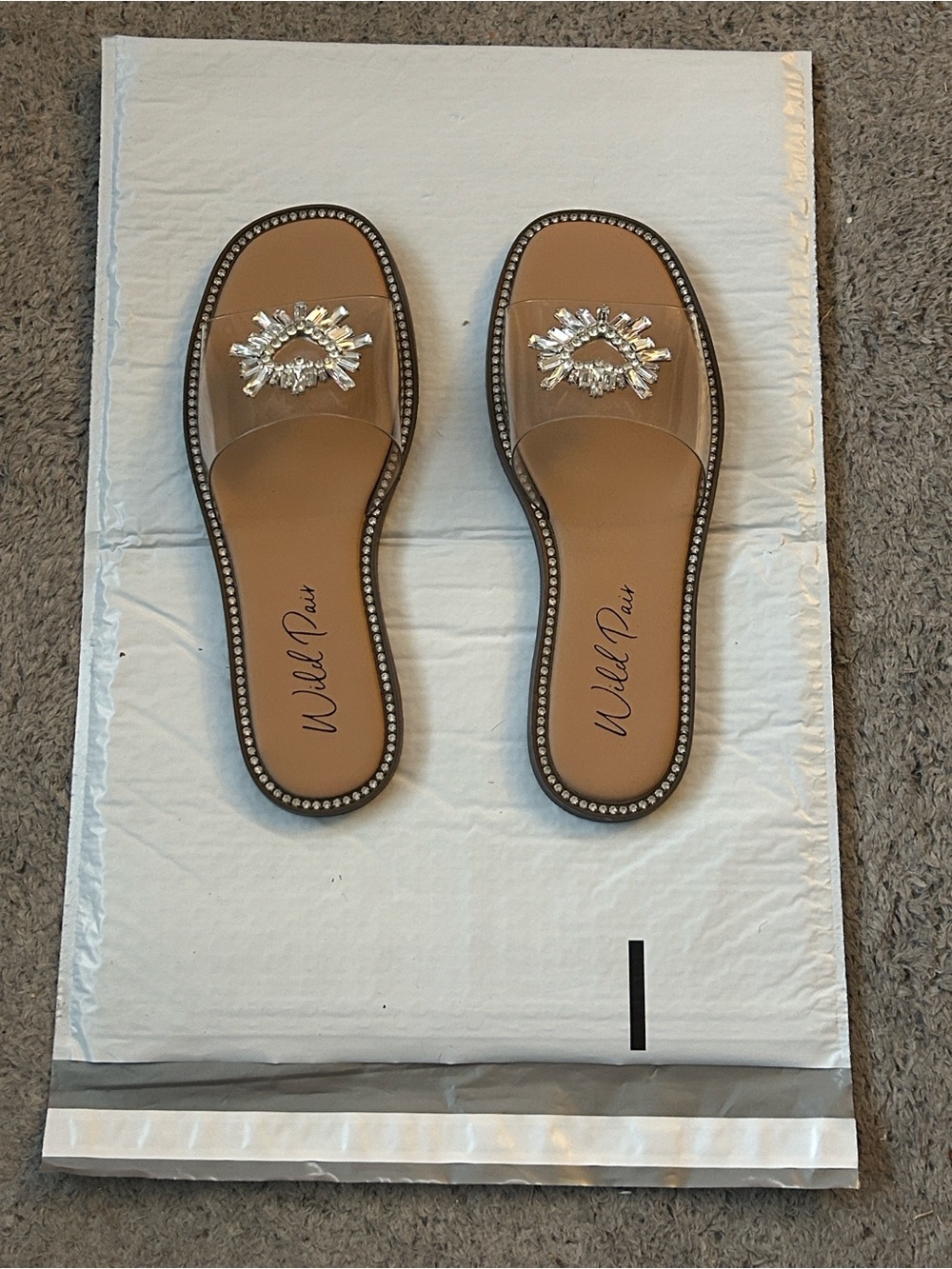 Wild Pair Clear Slide Sandals with Crystal Heart Embellishment